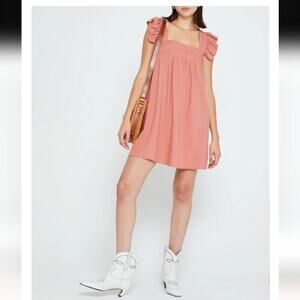 O.P.T. NEW Babydoll Aria Mocha Cotton LINEN Ruffled Sleeveless  Mini Dress S